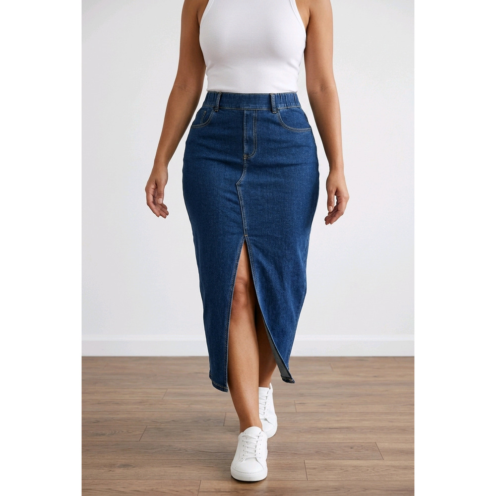 Halara Denim Midi Skirt Front Slit Pockets XL NWT